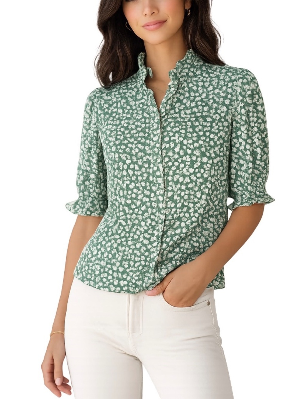 byTiMo Green Autumn Blouse Ditsy Floral Ruffle High Neck Puff Sleeve Sz XS